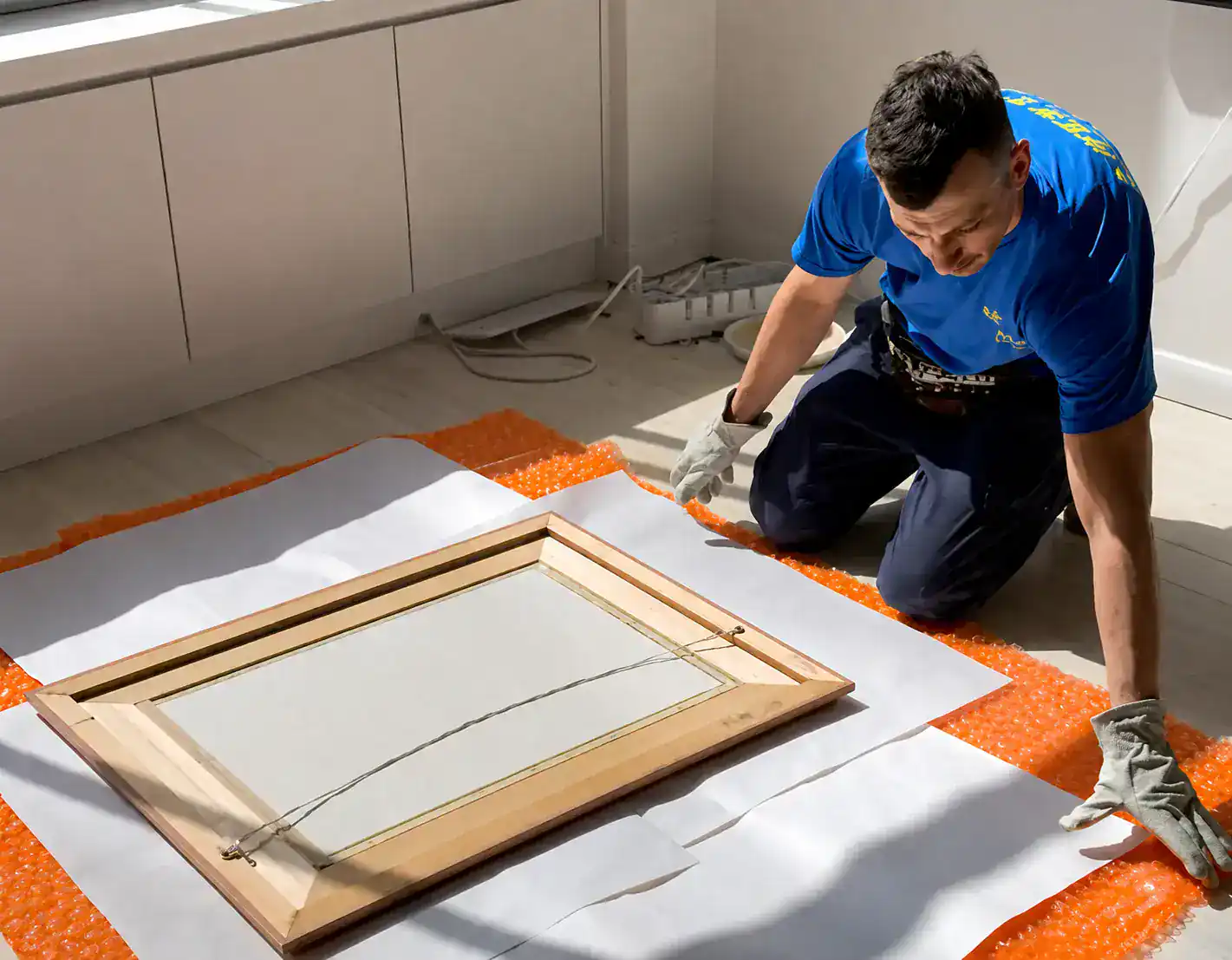 Mover carefully wrapping framed artwork for transport