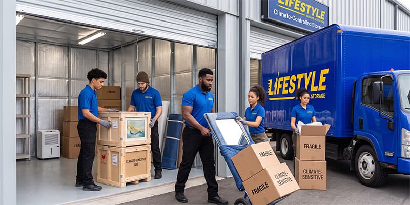 Movers carrying boxes from a building to a moving truck