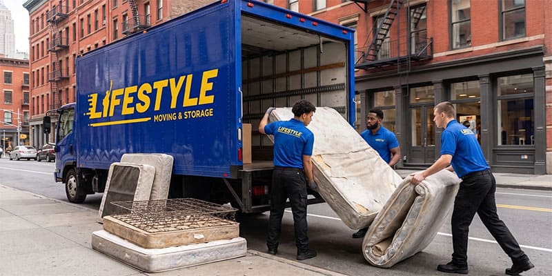 Lifestyle Moving & Storage movers unloading furniture from a truck